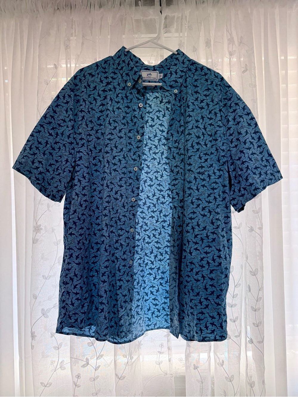 Southern Tide Intercoastal Blue Short-Sleeve Shark Print Button-Up Shirt